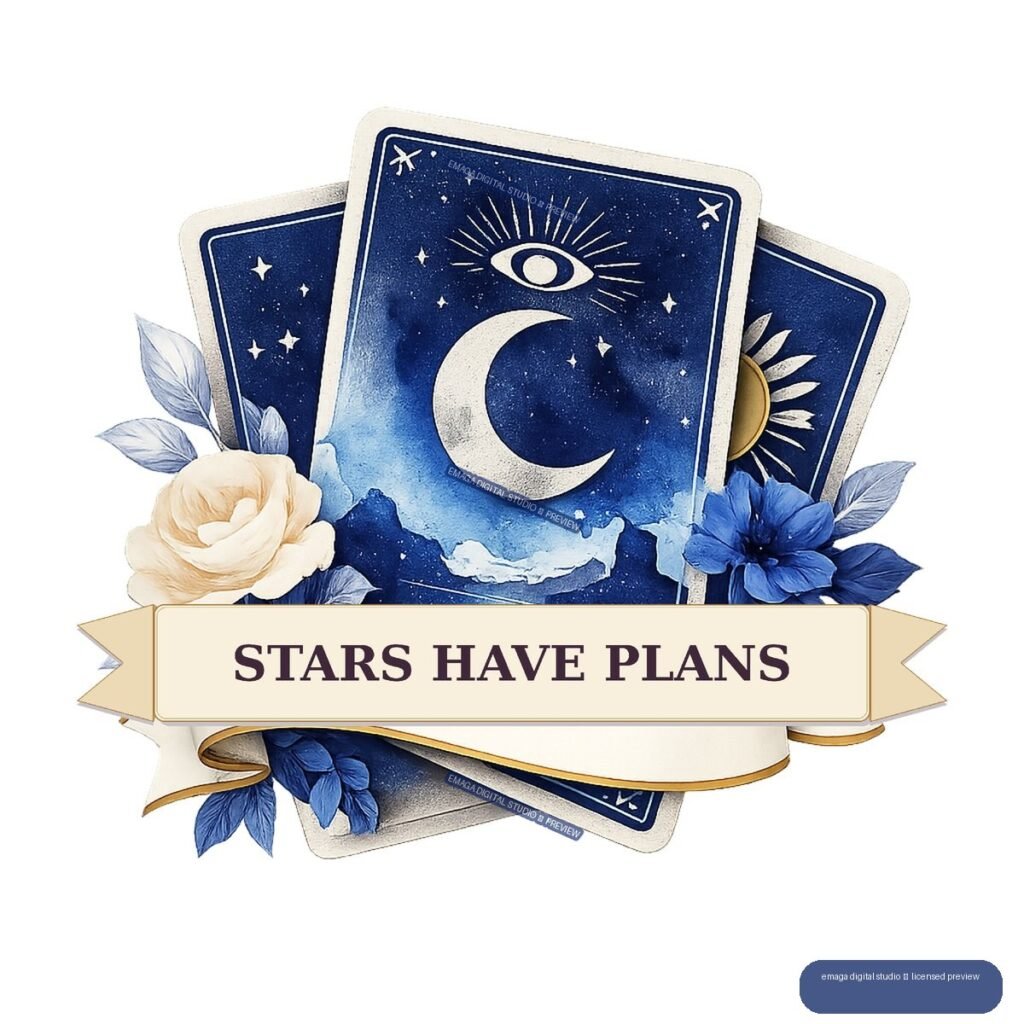 Three blue celestial cards with stars, moon, eye, and sun, surrounded by blue and cream flowers and a ribbon reading “STARS HAVE PLANS.”