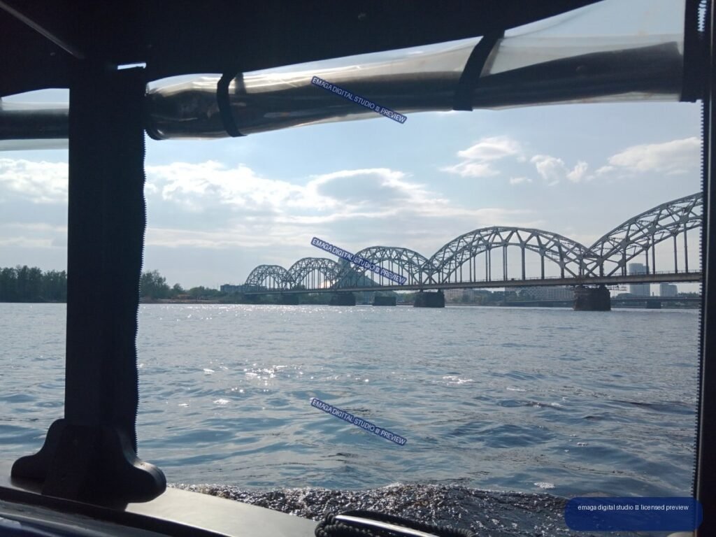 Arched railway bridge over the Daugava River in Riga, Latvia
