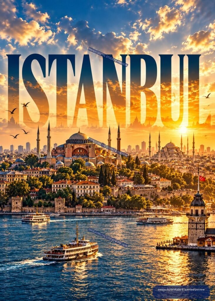 Vertical Istanbul cityscape at sunset with Bosphorus ferries, mosque domes and minarets, Maiden’s Tower, birds, and large ISTANBUL lettering in the sky.
