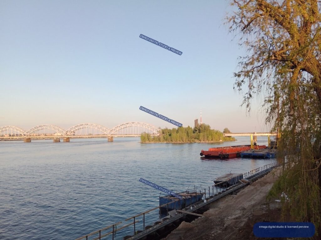Daugava River and Railway Bridge in Riga, Latvia