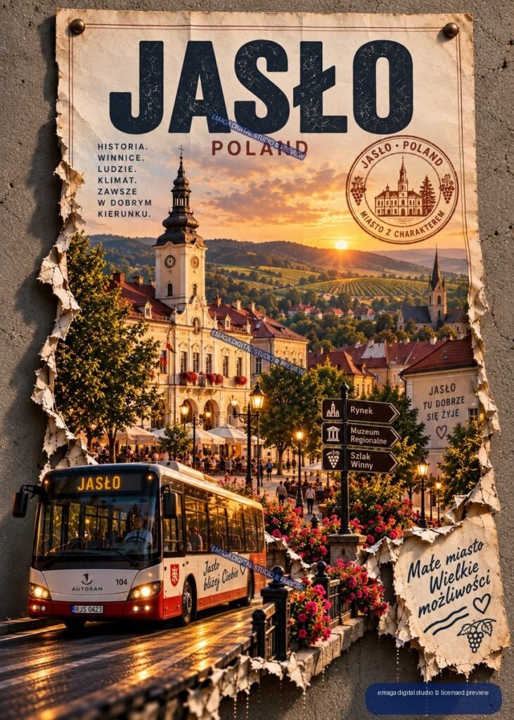 Vertical travel poster for Jasło, Poland, showing a sunset over vineyards, historic buildings, church towers, a town square, directional signs, flowers, and a city bus beneath large JASŁO lettering.