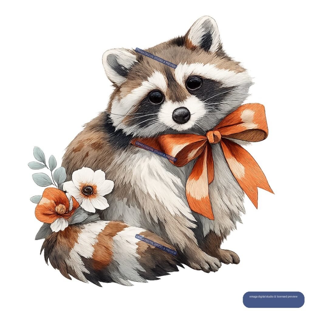 Illustrated raccoon with an orange bow, curled striped tail, and small white and orange flowers.