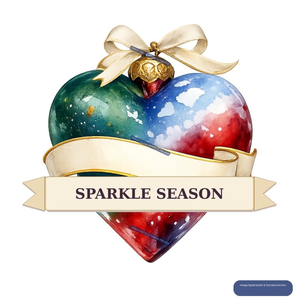 Heart-shaped multicolor Christmas ornament with gold bell, cream bow, and SPARKLE SEASON banner.