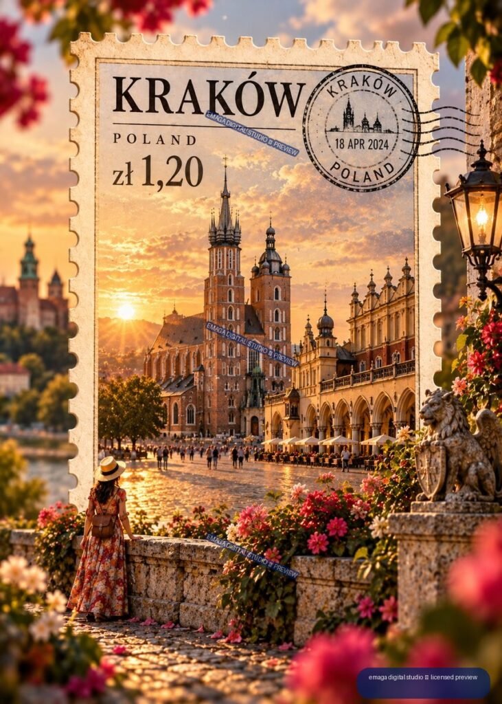 Decorative Krakow postage stamp with historic market square at sunset, flowers, a woman, street lamp, and lion sculpture.