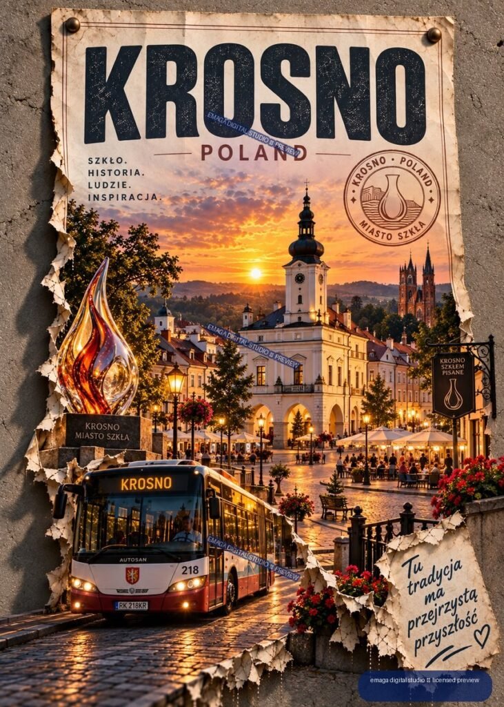 Vintage-style Krosno Poland travel poster showing a sunset city square, church towers, glass sculpture, flowers, and a city bus.
