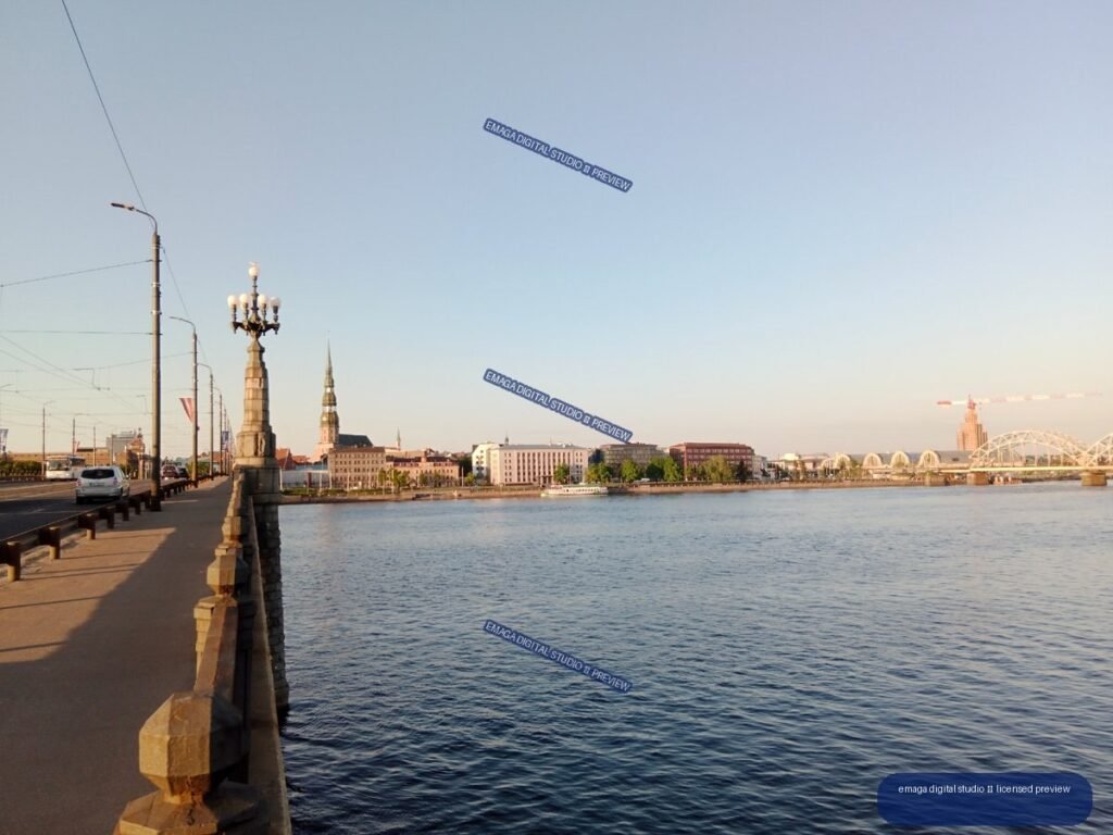 Riga, Latvia Waterfront and City Skyline at Golden Hour