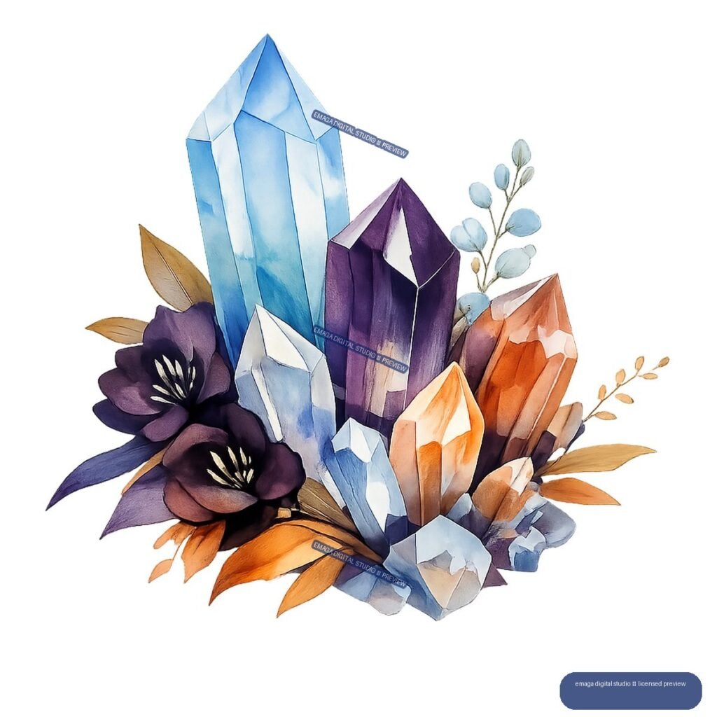 Watercolor arrangement of blue, purple, orange, and white crystals with dark flowers, autumn leaves, and berry stems.