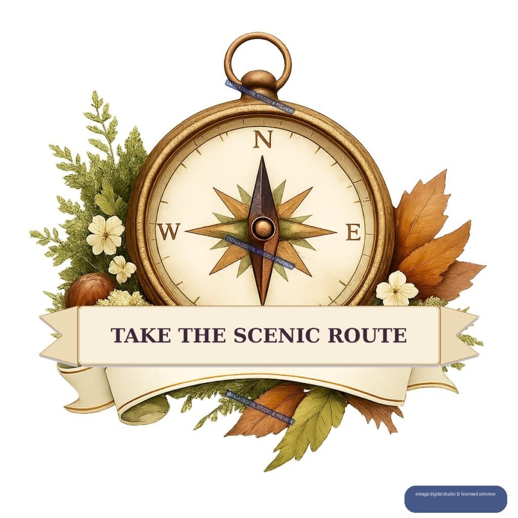 Vintage compass surrounded by evergreen foliage, flowers, acorns, and autumn leaves, with a ribbon reading “TAKE THE SCENIC ROUTE.”