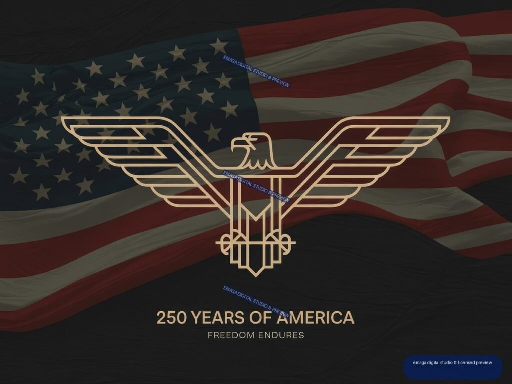 Dark patriotic poster with a flowing American flag, centered gold eagle emblem, and text reading “250 YEARS OF AMERICA” and “FREEDOM ENDURES.”