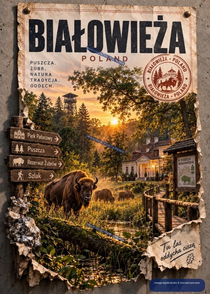 Vintage-style Białowieża Poland travel poster showing a forest sunset, palace, bison, signs, stream, and large destination lettering.