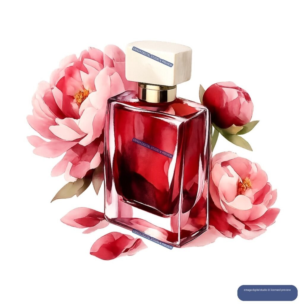 Glossy red perfume bottle with cream cap surrounded by pink peonies, a red flower bud, green leaves, and petals.