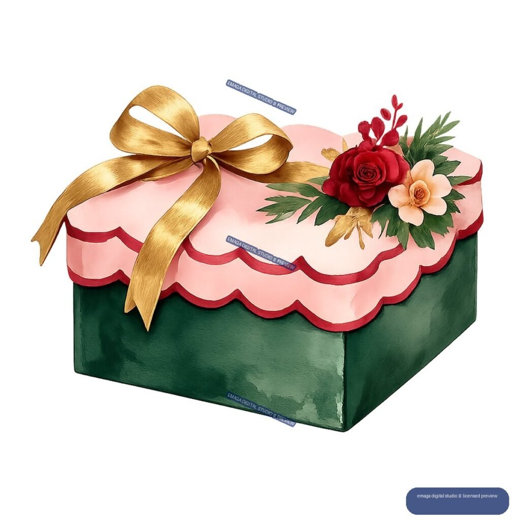 Green gift box with a scalloped pink lid, large gold bow, and red and pale floral arrangement.