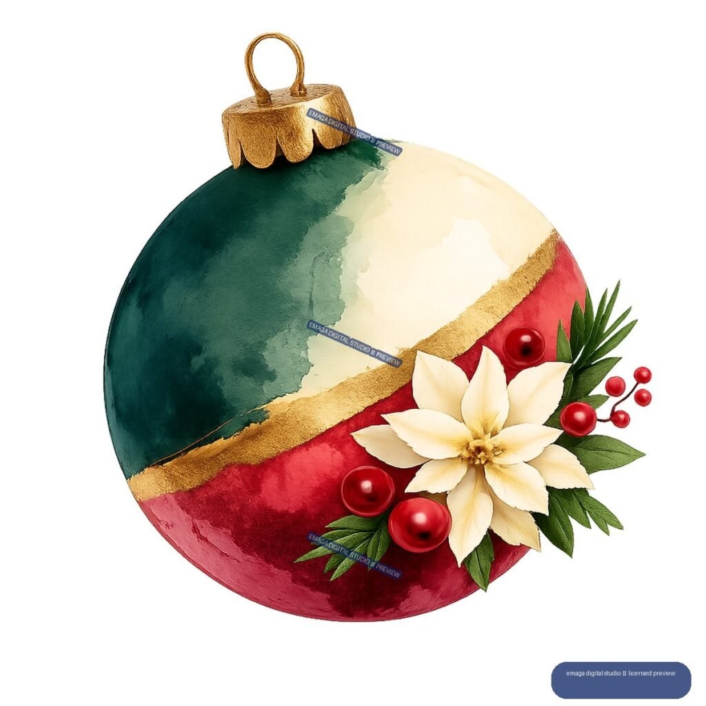 Watercolor illustration of a red, green, and cream Christmas ornament with a gold cap, flower, berries, and evergreen leaves.