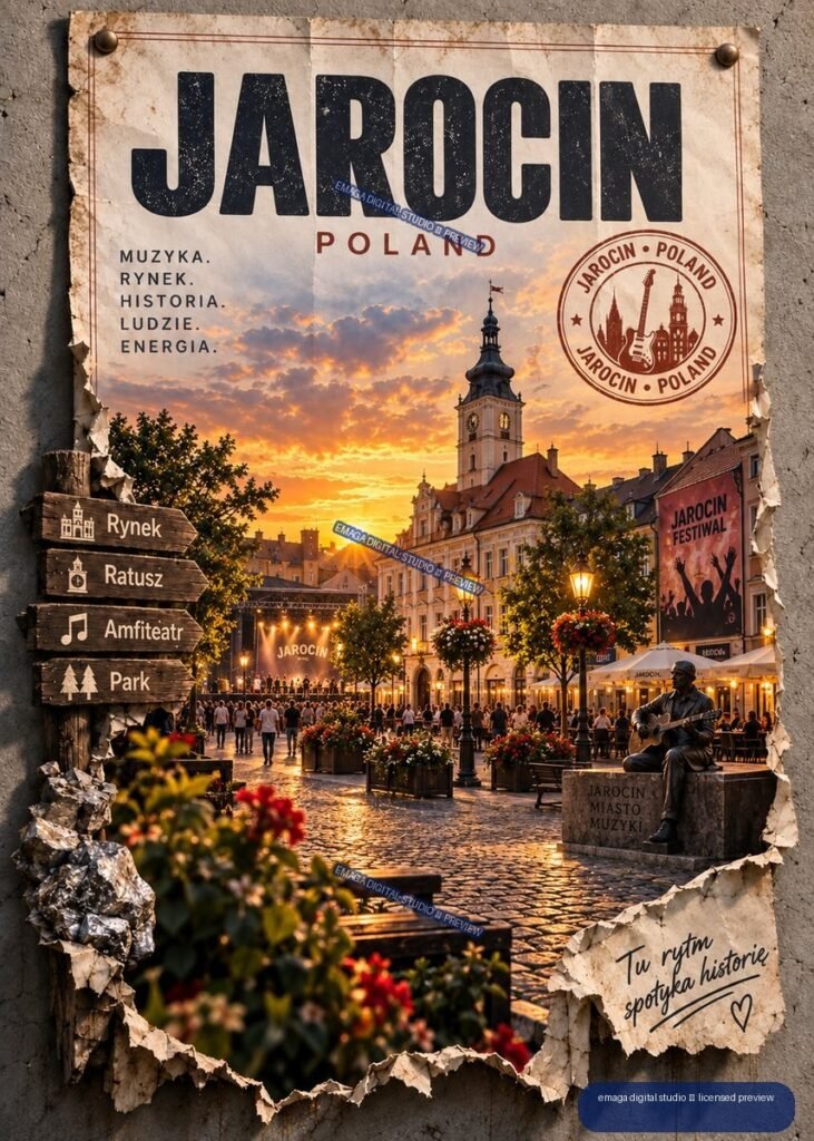 Vintage-style Jarocin Poland travel poster showing a sunset city square, church tower, cafés, signs, flowers, and a guitarist sculpture.