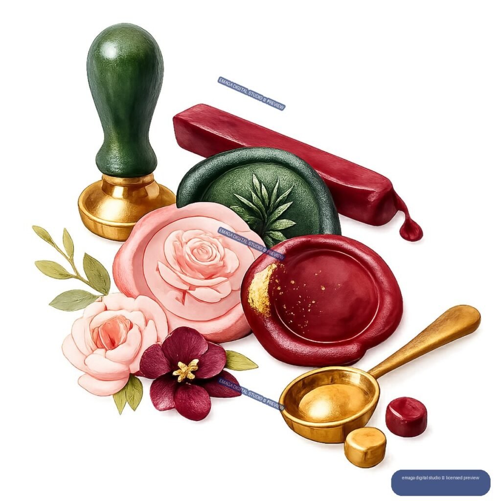 Decorative arrangement of wax seals, sealing tools, roses, leaves, and gold accents.