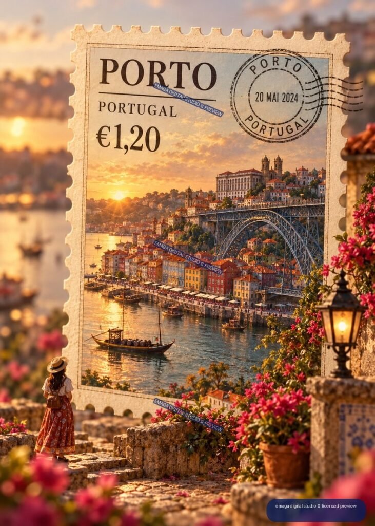 Decorative Porto, Portugal postage stamp with a sunset Douro River view, Dom Luís I Bridge, postmark, flowers, and a small figure in a travel scene.