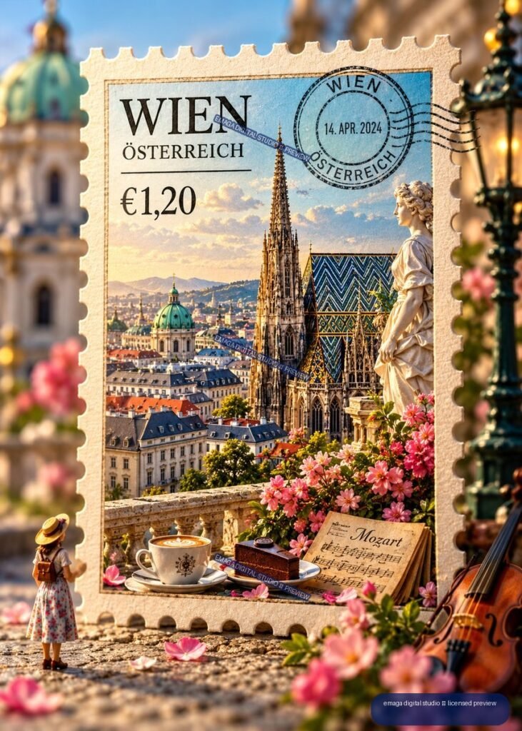 Decorative Vienna postage stamp showing St. Stephen’s Cathedral, Vienna rooftops, flowers, a statue, coffee, Mozart sheet music, and a violin.
