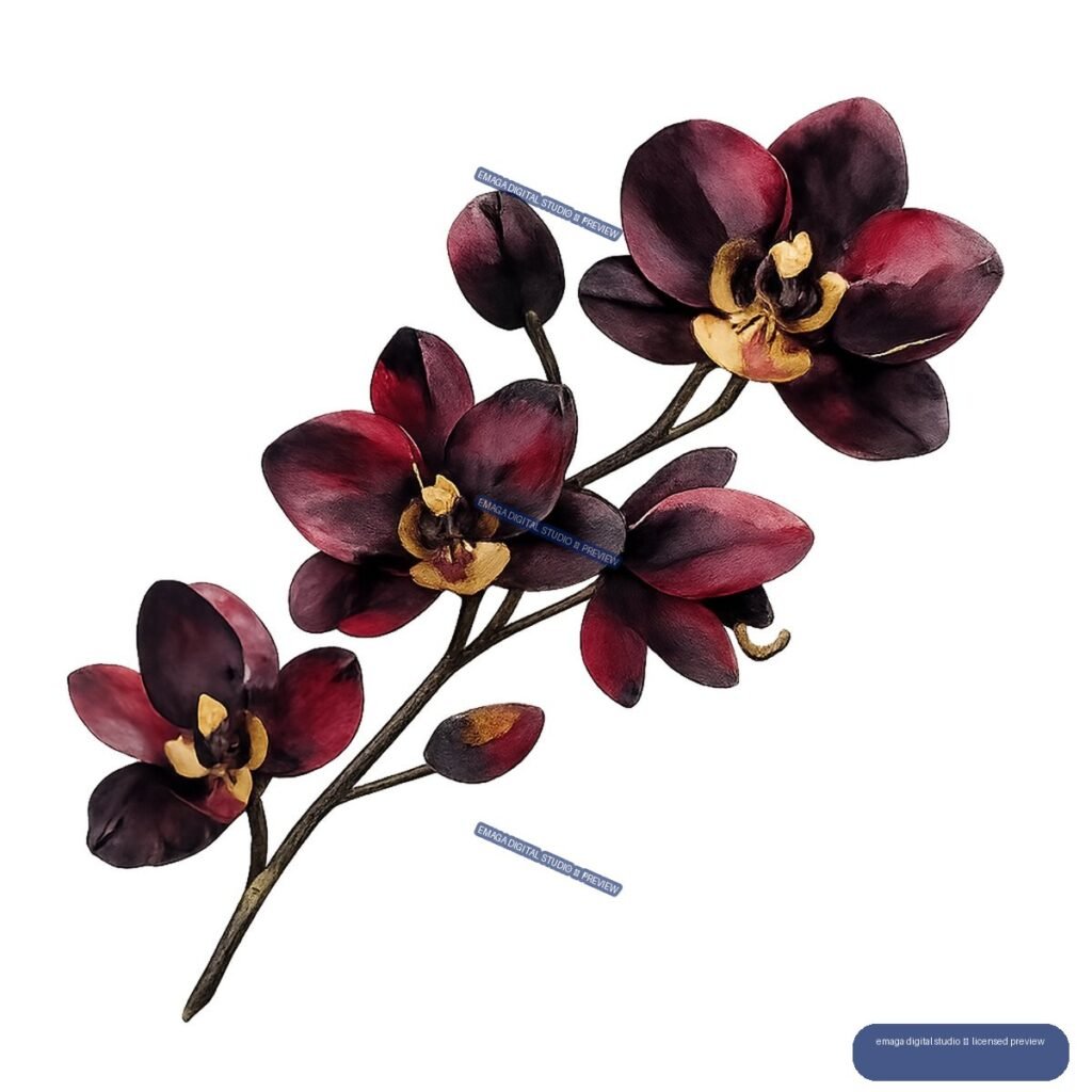 Dark burgundy orchid branch with several blossoms and buds, arranged diagonally.