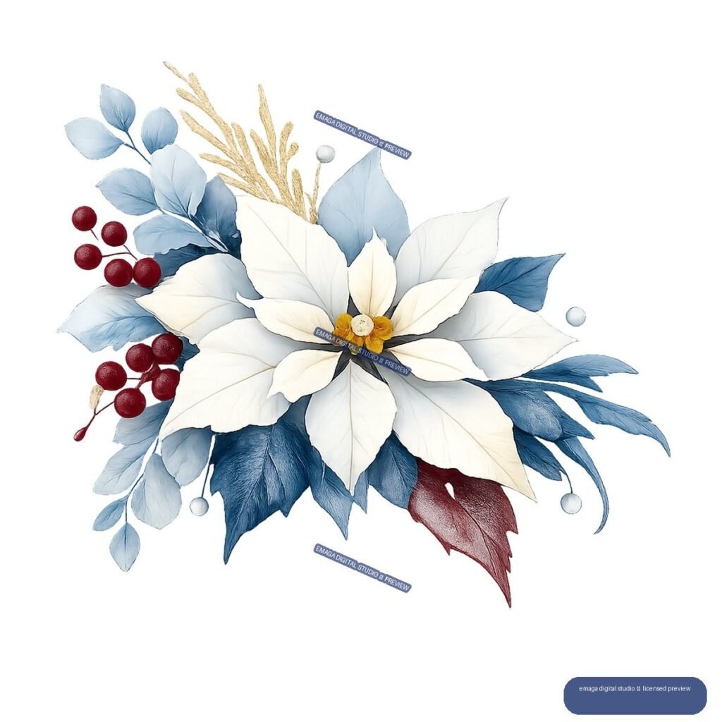 Elegant winter floral arrangement with a large white flower, blue leaves, red berries, gold sprigs, and pale berries.