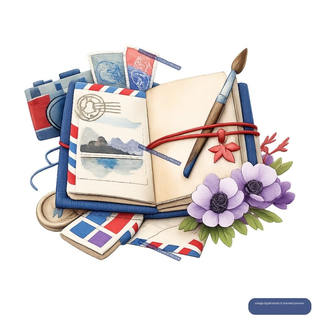 Open blue notebook with airmail envelopes, postage stamps, paintbrush, red cord, and purple flowers.