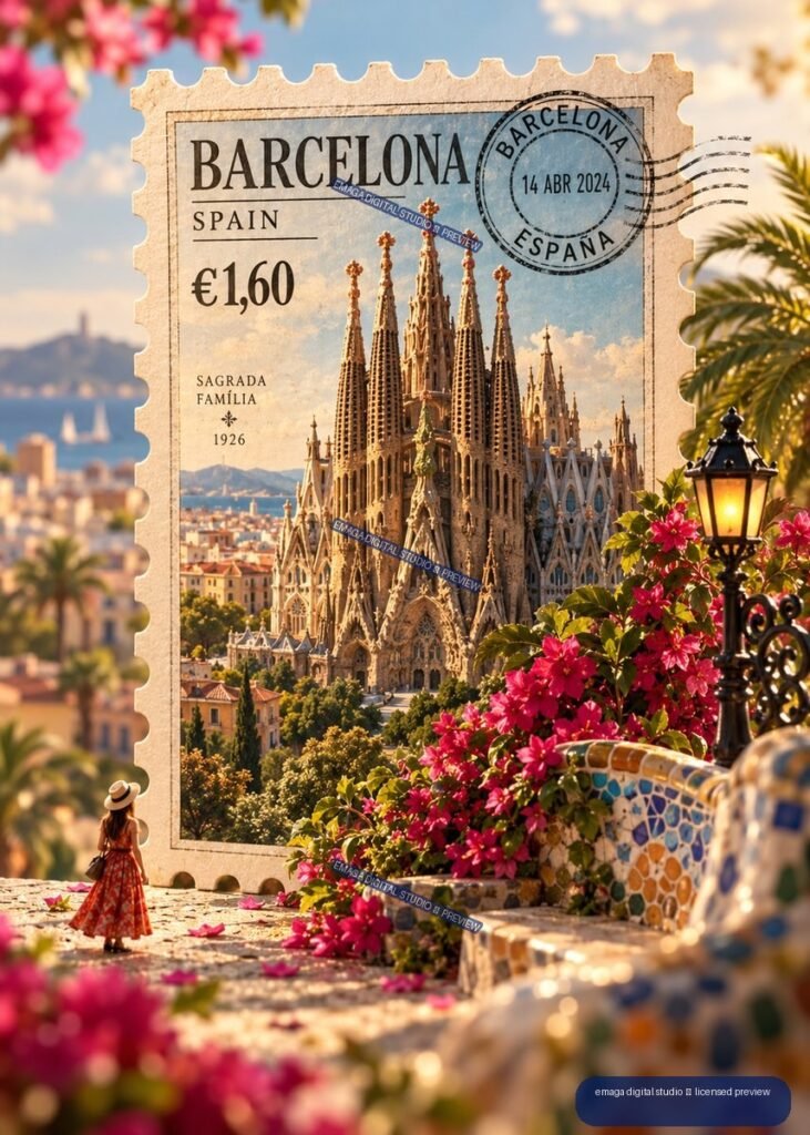 Large Barcelona Spain postage stamp featuring the Sagrada Família, surrounded by flowers, a lantern, tiled seating, and a small figure in a sunlit Mediterranean setting.