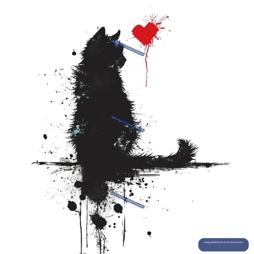 Black shaggy cat silhouette sitting beneath a dripping red heart, surrounded by black ink splatters.