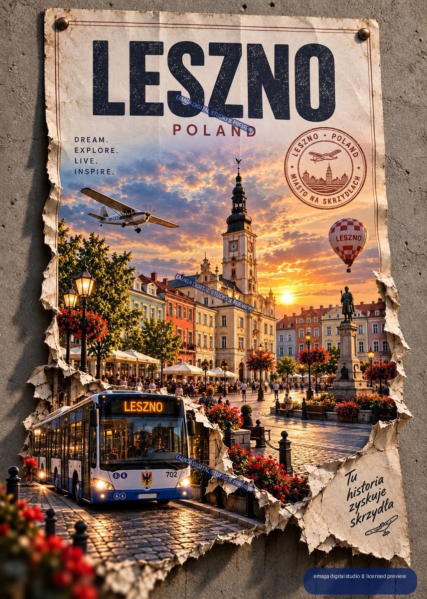 Travel poster for Leszno, Poland showing a sunset city square, clock tower, bus, airplane, hot-air balloon, and bold Leszno lettering.