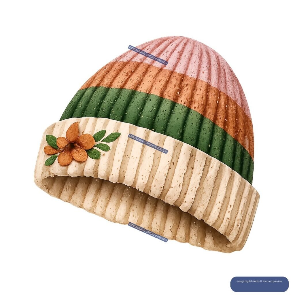 Textured striped winter beanie in pink, rust, green, and cream with an orange flower and green leaves on the brim.