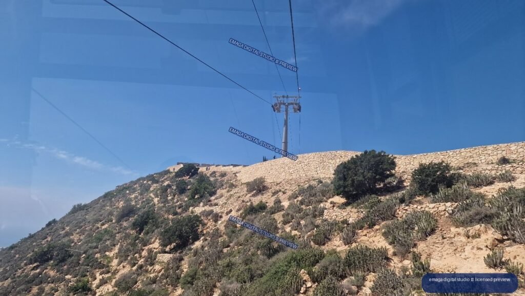 Stone hillside and cable car above Agadir, Morocco
