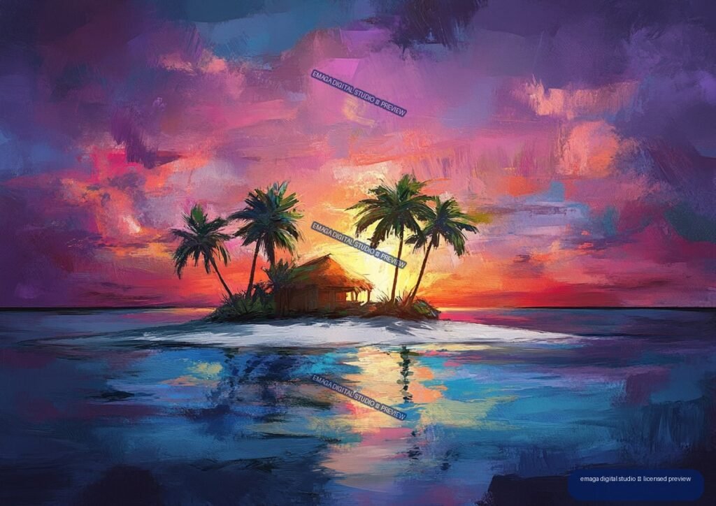 Small tropical island with a hut and palm trees silhouetted against a colorful sunset over reflective ocean water.