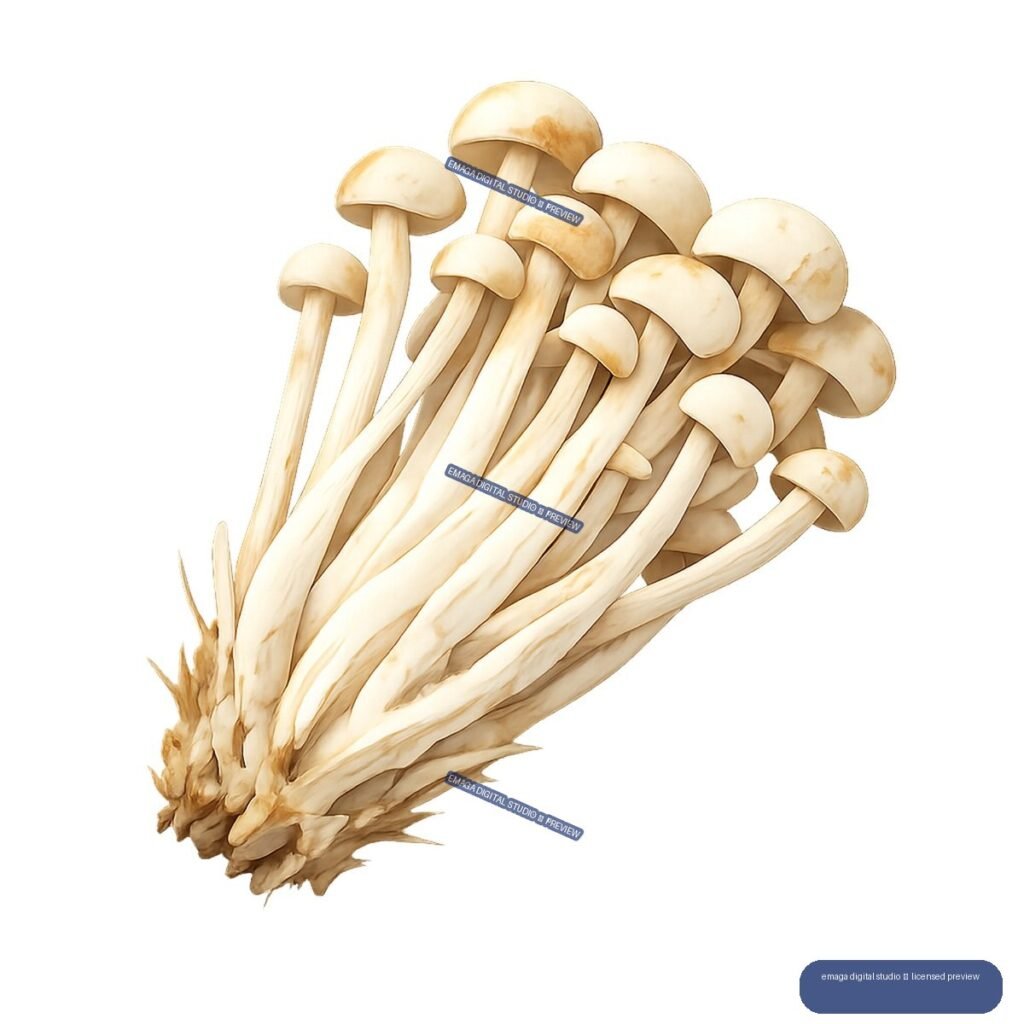 Illustration of a dense cluster of pale cream mushrooms with long slender stems and rounded caps.