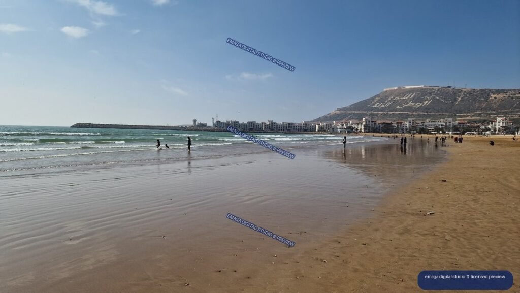 Wide Sandy Beach and Coastal Cityscape in Agadir, Morocco