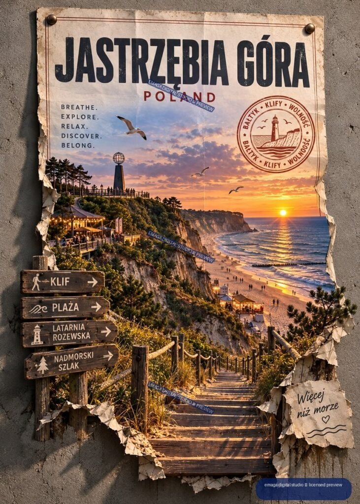 Weathered travel poster for Jastrzębia Góra, Poland, showing a sunset beach, cliffs, lighthouse, seabirds, and wooden coastal stairs.