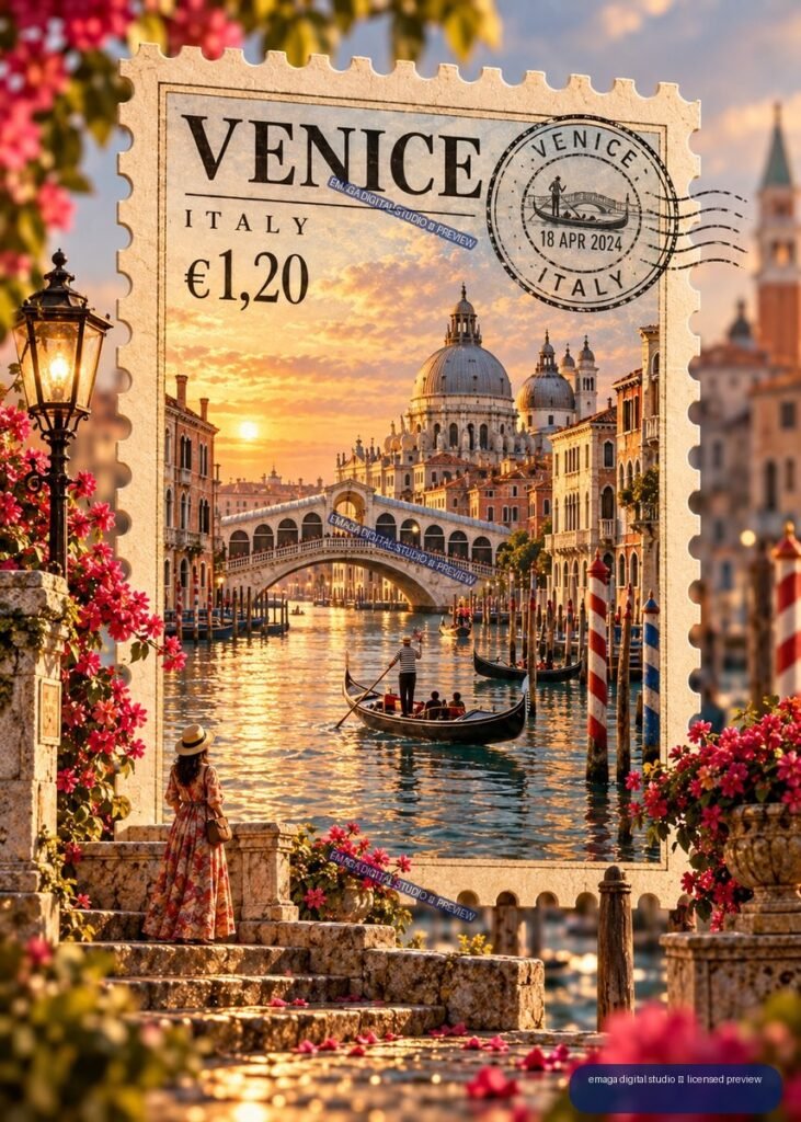 Decorative Venice postage stamp showing the Grand Canal, Rialto Bridge, gondola, sunset, flowers, and a woman on steps.
