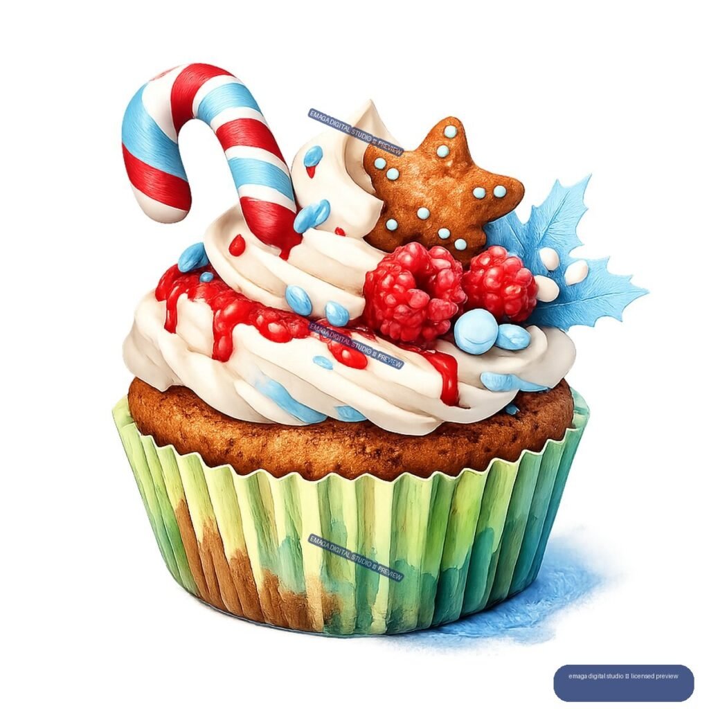 Festive cupcake with white icing, raspberries, candy cane, gingerbread star, and blue holly leaves.