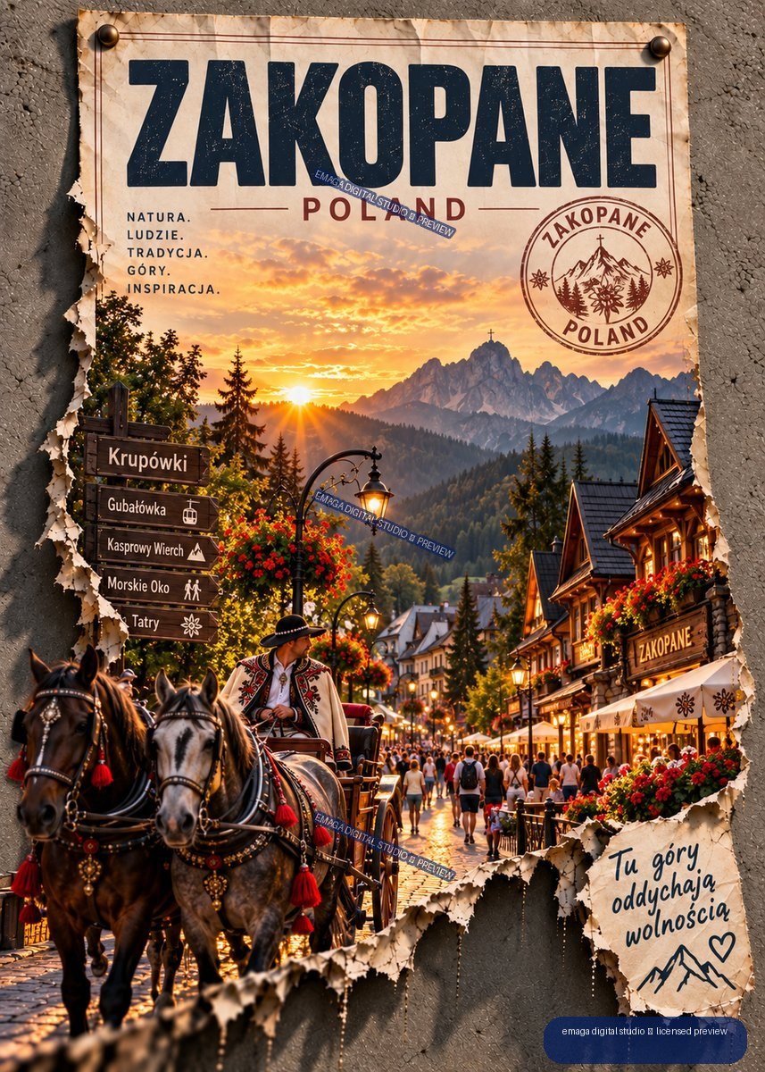 Zakopane Poland travel poster showing Tatra Mountains, a busy street, wooden buildings, and a horse-drawn carriage.