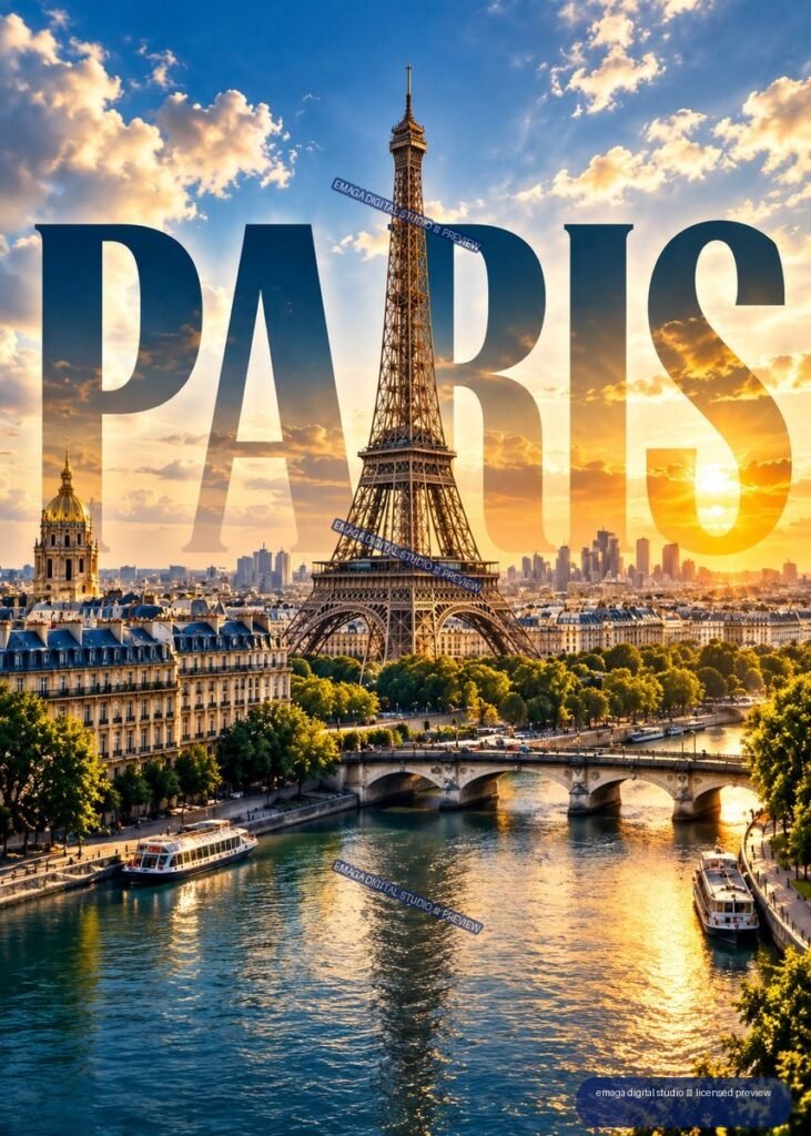 Vertical Paris cityscape at sunset with the Eiffel Tower, Seine River, boats, bridges, and large PARIS lettering.