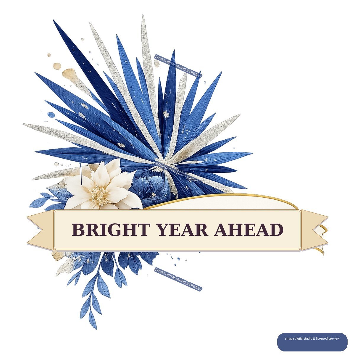 Blue and silver floral starburst with cream flowers and a ribbon reading “BRIGHT YEAR AHEAD.”