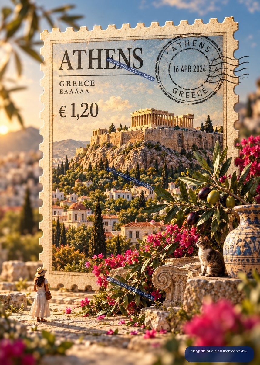 Decorative Athens postage stamp showing the Acropolis, cityscape, olive branch, flowers, ceramic vessel, cat, and walking figure.