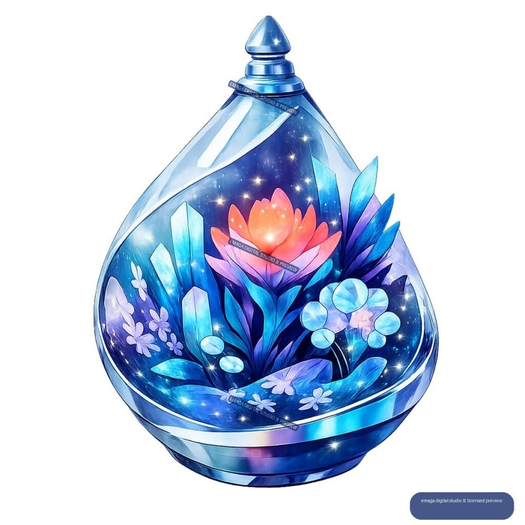 Fantasy blue glass terrarium containing a glowing coral flower, blue leaves, crystals, pale blossoms, and stars.