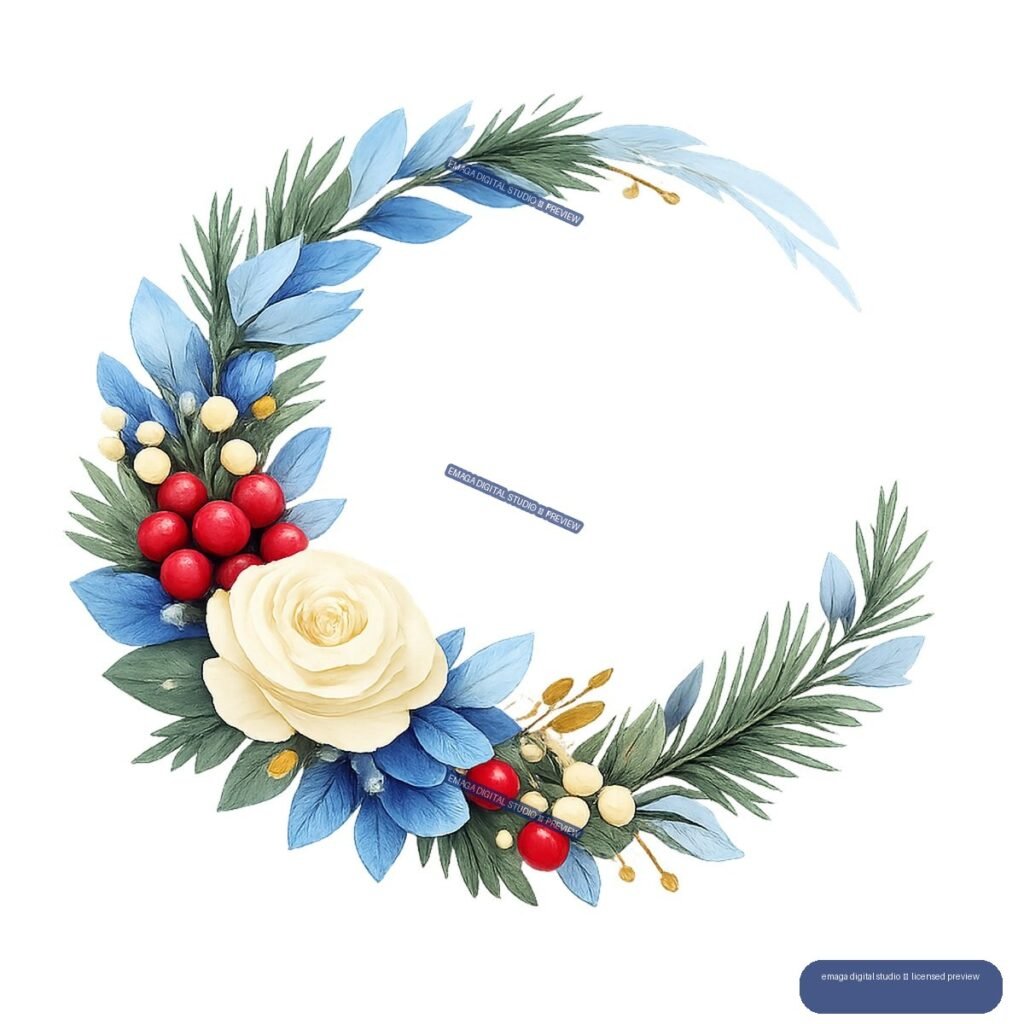 Winter floral wreath with a cream rose, red and pale berries, blue leaves, evergreen sprigs, and gold accents.