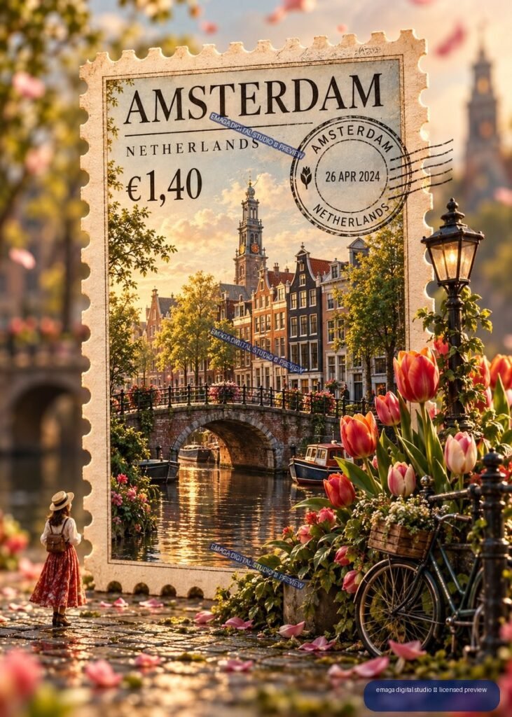 Large Amsterdam postage stamp showing a canal, bridge, historic buildings, tulips, bicycle, streetlamp, and a woman in a floral dress.