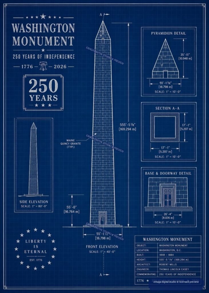 Blue architectural blueprint poster showing the Washington Monument, dimensional drawings, construction details, stars, and text commemorating 250 years of American independence from 1776 to 2026.