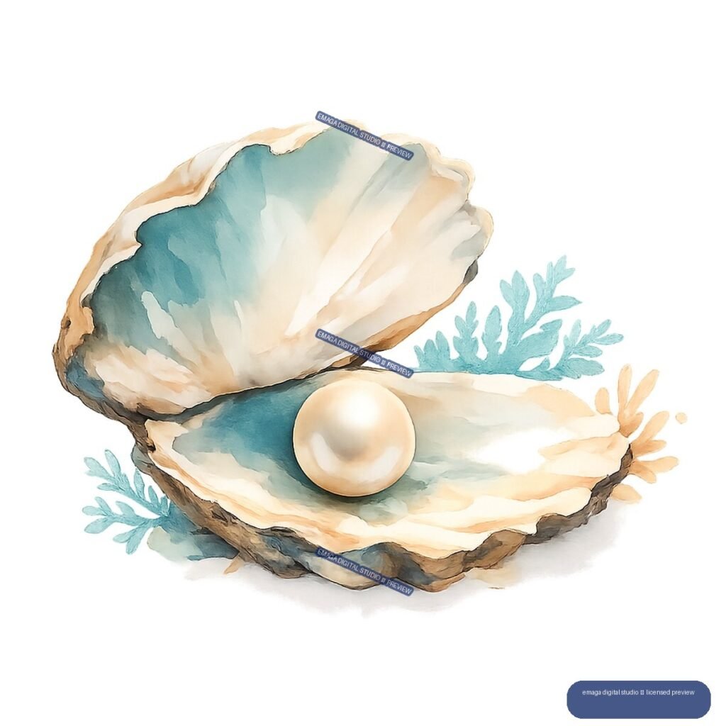 Watercolor illustration of an open oyster shell holding a round pearl, with turquoise and peach seaweed sprigs around it.