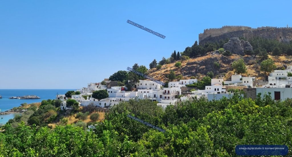 Lindos village and hilltop fortress, Rhodes, Greece