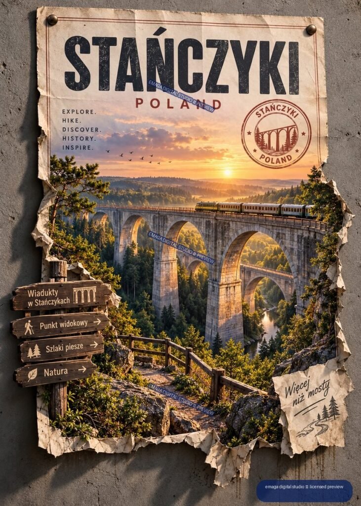 Vintage travel poster reading STAŃCZYKI POLAND, showing a train crossing stone viaducts over a forested valley at sunset, with trail signs and torn edges.