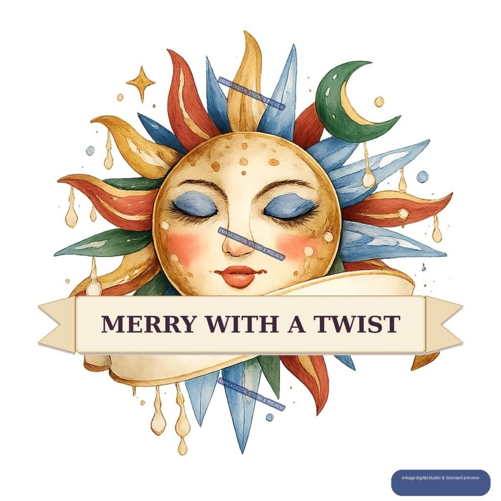 Watercolor-style female sun face with colorful pointed rays, crescent moon, and a ribbon reading “MERRY WITH A TWIST.”