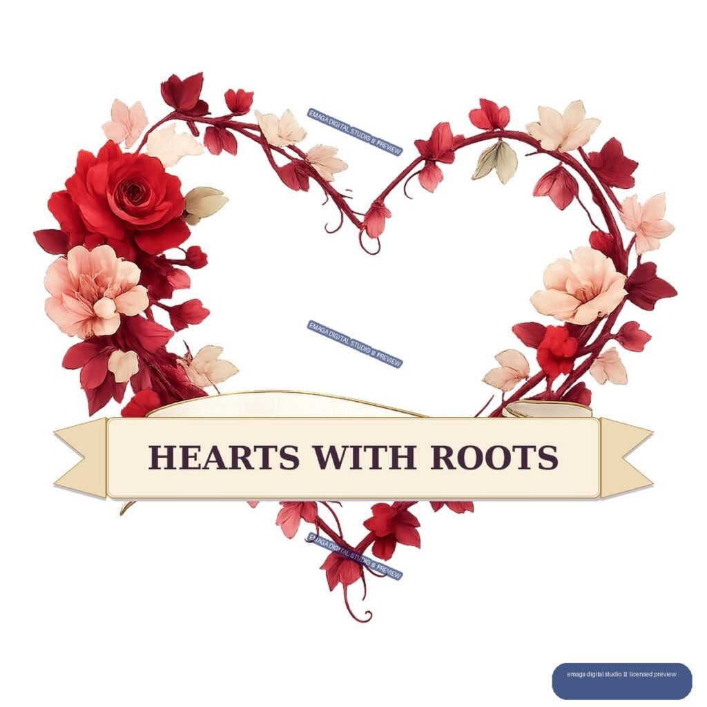 Red, pink, and cream floral wreath surrounding a cream ribbon banner reading Hearts with Roots.