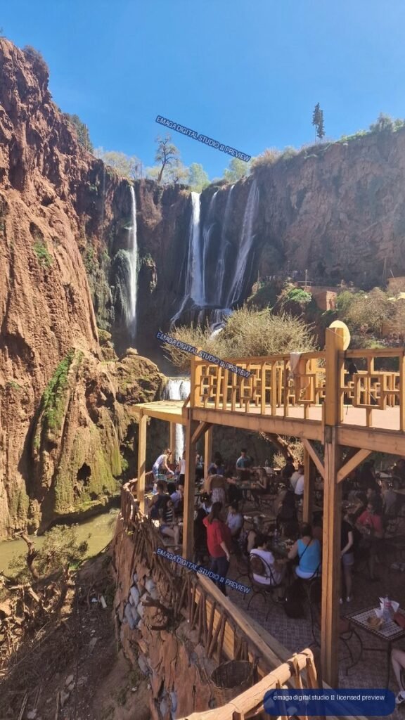 Multi-tiered waterfall and viewing terrace at Ouzoud Waterfalls, Morocco