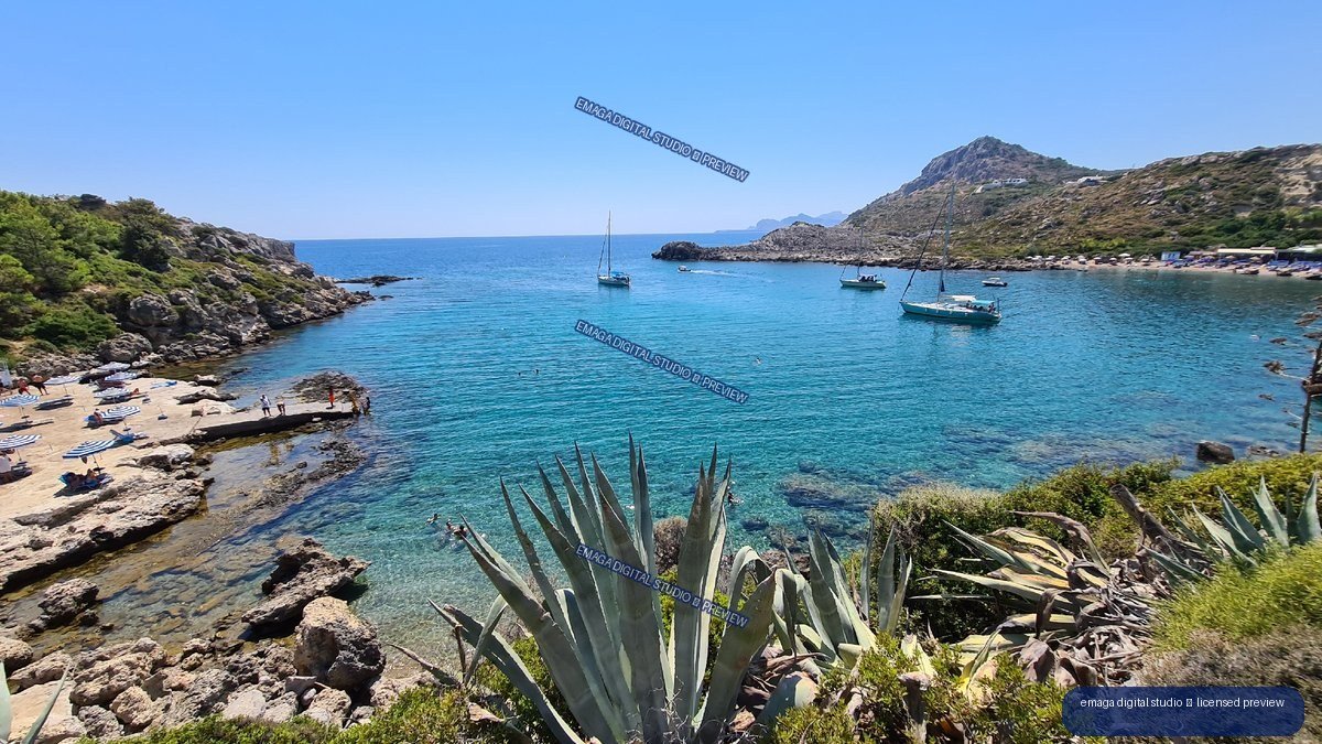 Anthony Quinn Bay, Rhodes, Greece with Boats and Clear Sea